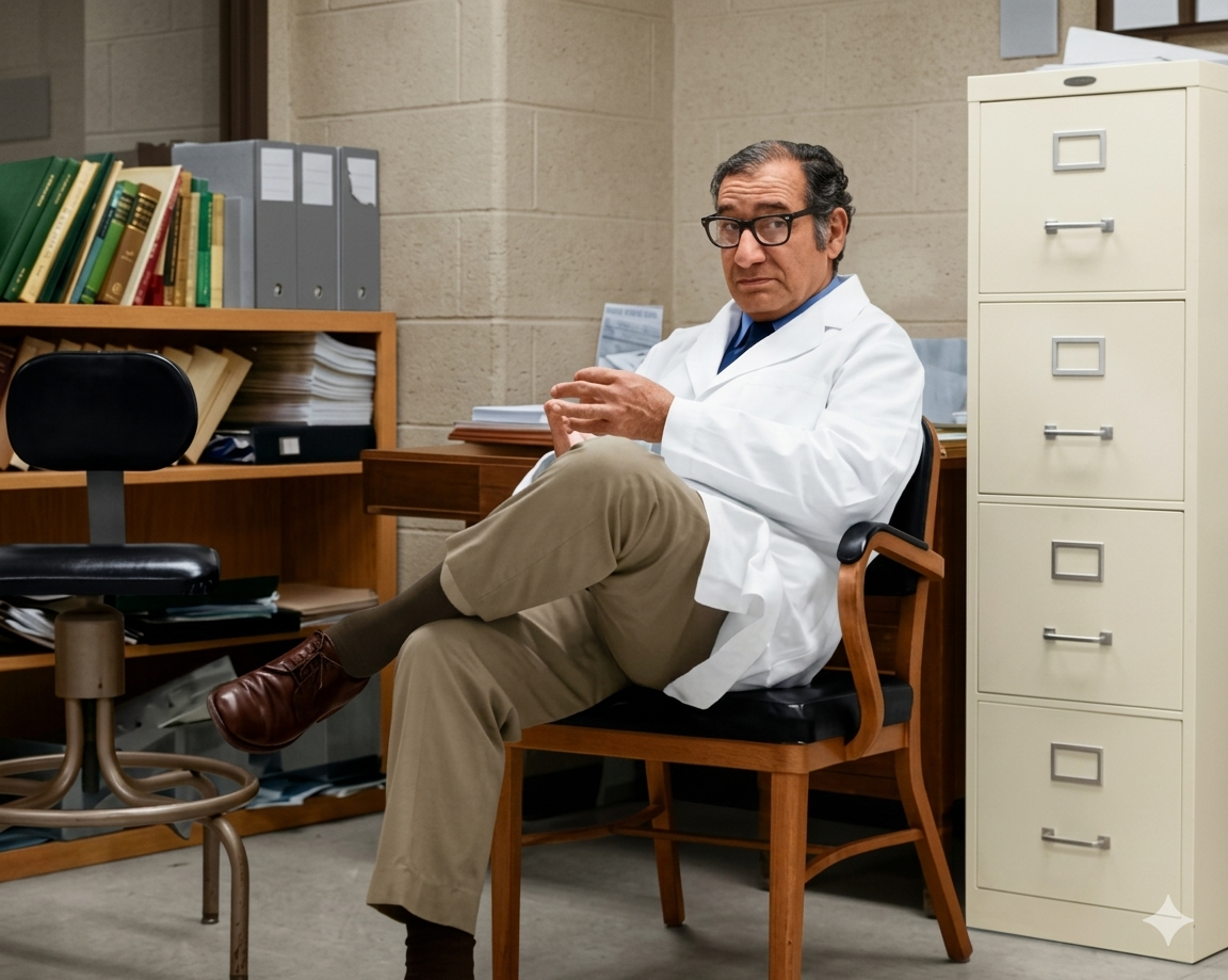 Dr. Edward I. Ciaccio seated in a laboratory office wearing a white lab coat.